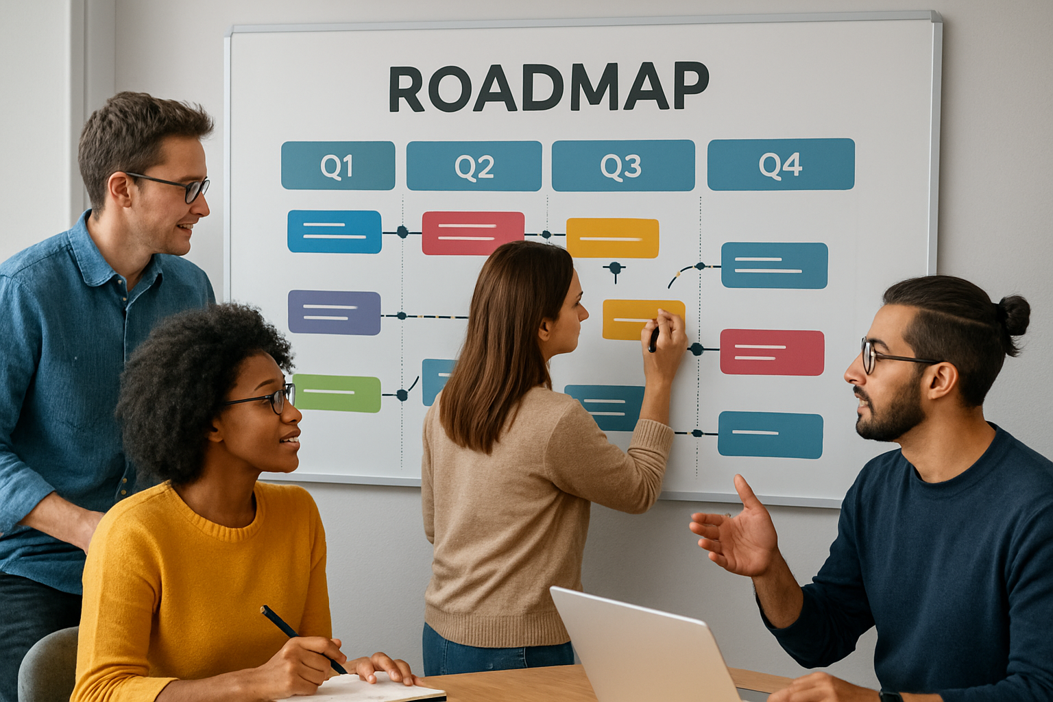 Equipo colaborando en el diseño de roadmap digital